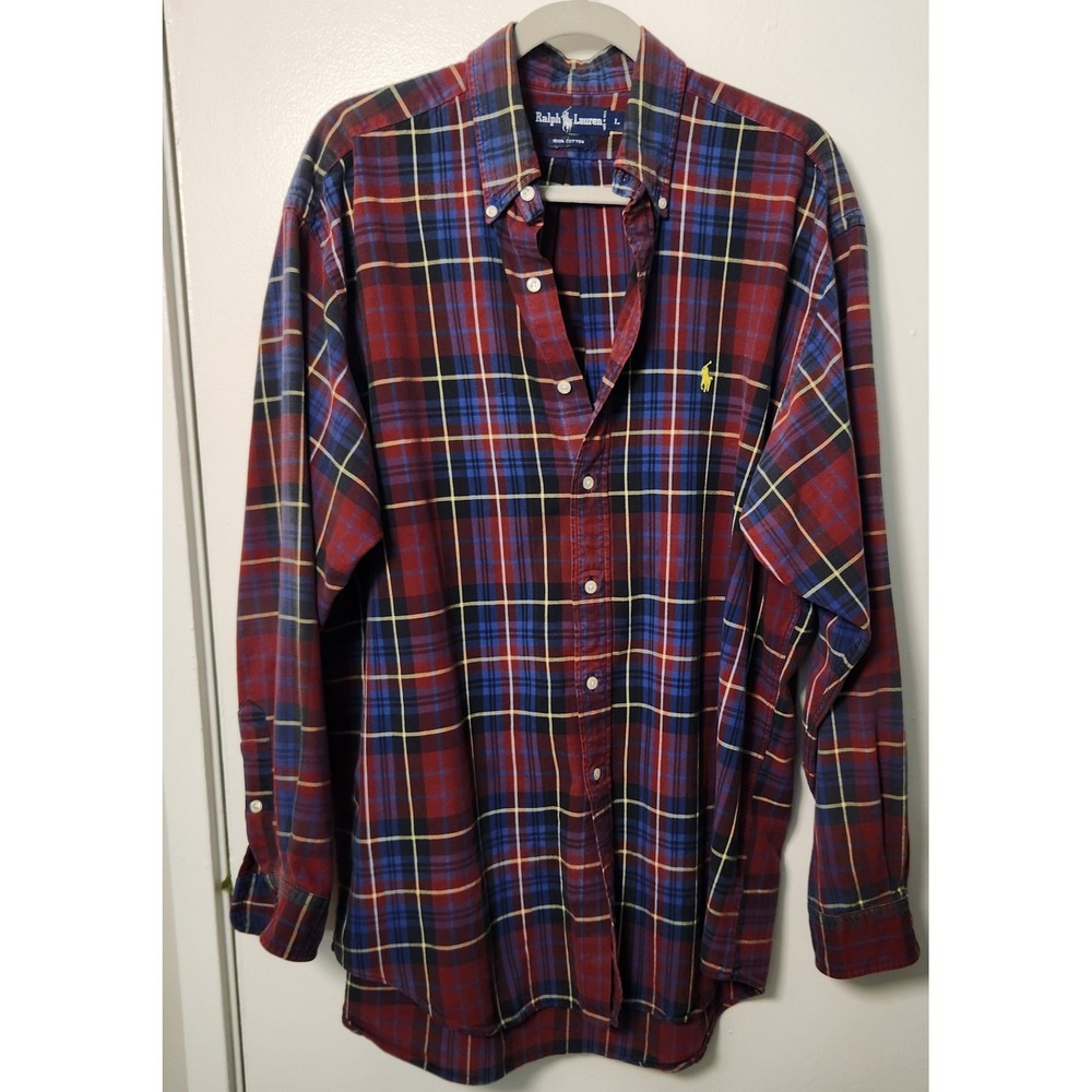 Ralph Lauren Purple Burgundy Plaid Button Up Long Sleeve Men L Cotton Shirt Pony